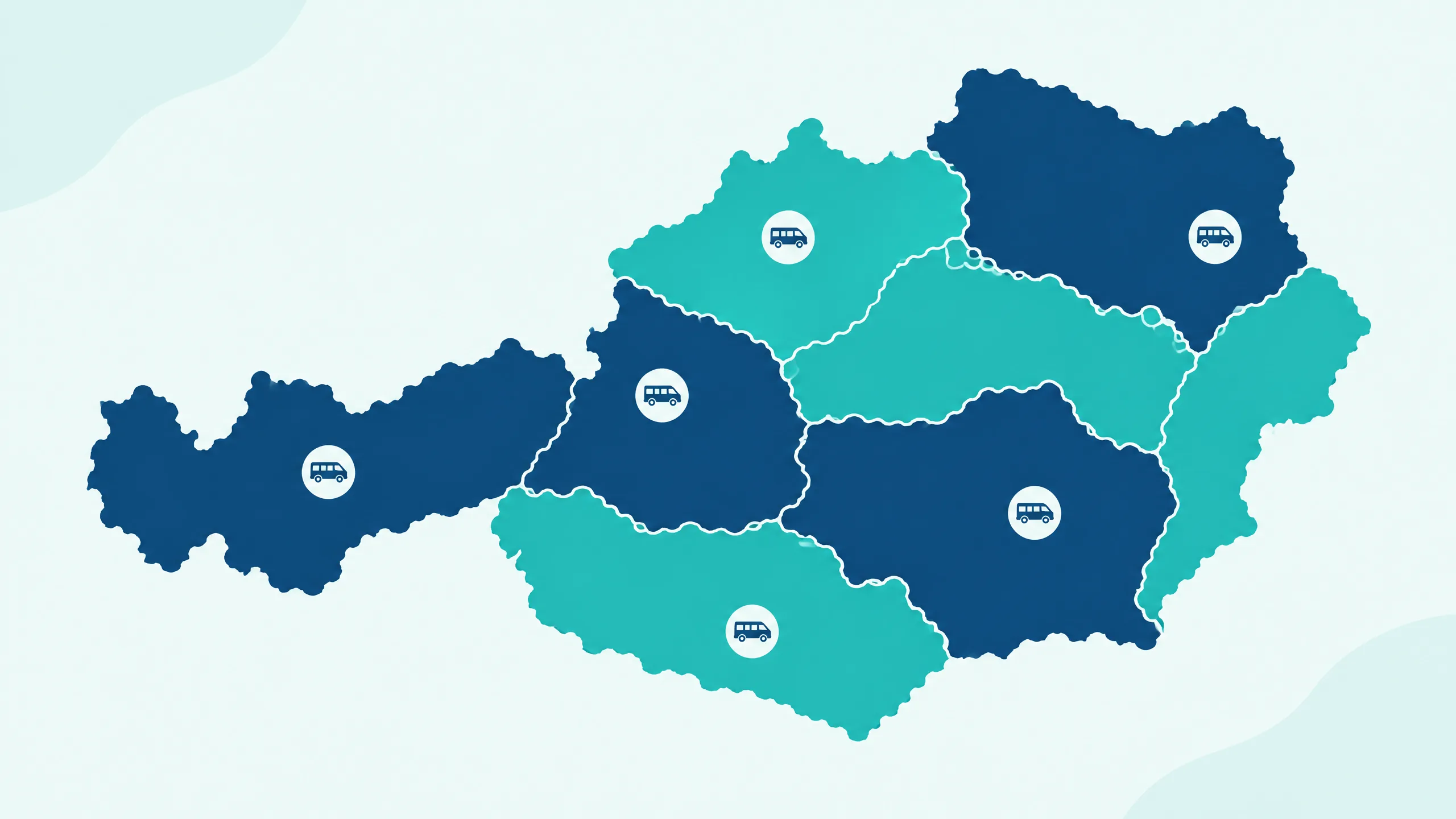 Schematische 2D-Karte Österreichs in Healthcare Blue und Mobility Turquoise, neun Bundesländer mit kleinen Van-Symbolen an den Landeshauptstädten.
