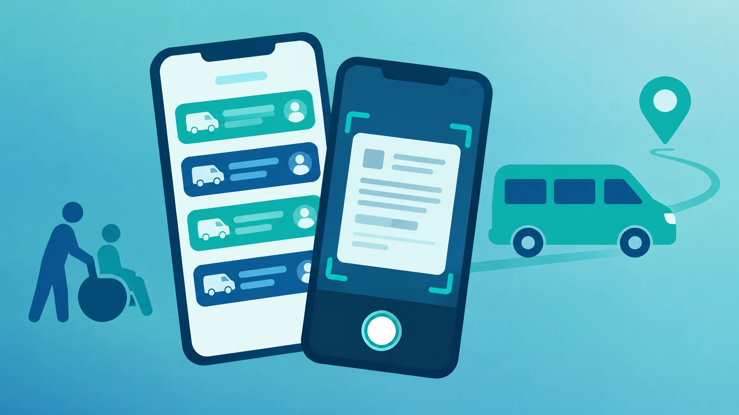 Schematische 2D-Darstellung zweier Smartphones: Auftragsliste mit Fahrzeugen und Kameraaufnahme eines Transportscheins, daneben ein Teal-Van und ein Standort-Pin.