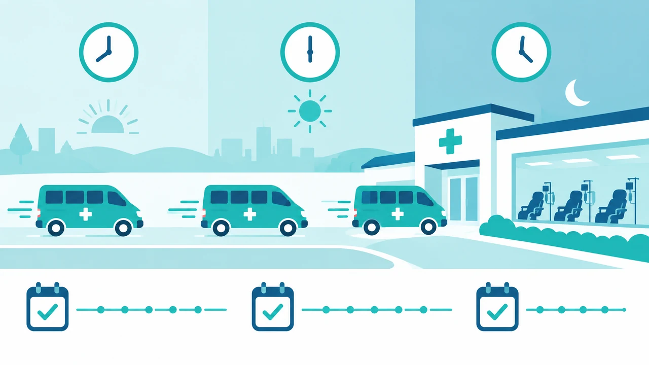 Schematische 2D-Darstellung: drei türkise Transportwagen in Wellen zu einer Dialysestation, Uhren für Früh-, Mittags- und Abendschicht, Kalender mit Häkchen.