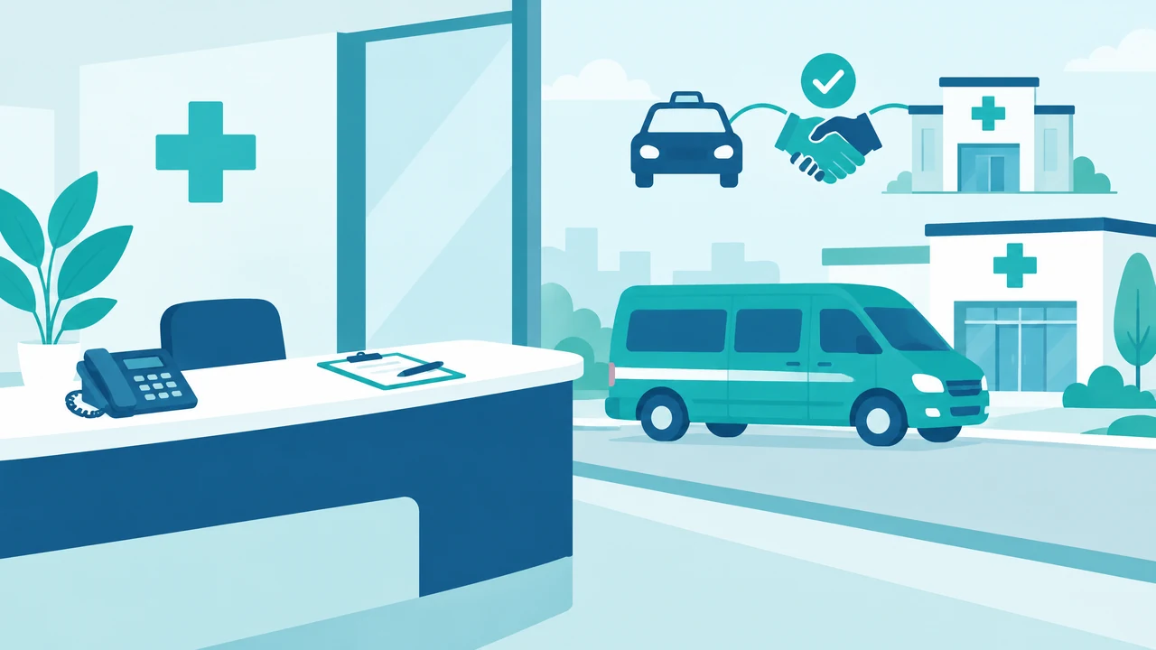Schematische 2D-Darstellung: Empfangstisch einer Ordination mit Telefon und Klemmbrett, davor ein türkiser Krankentransportwagen, darüber Handshake zwischen Taxi und Klinik.