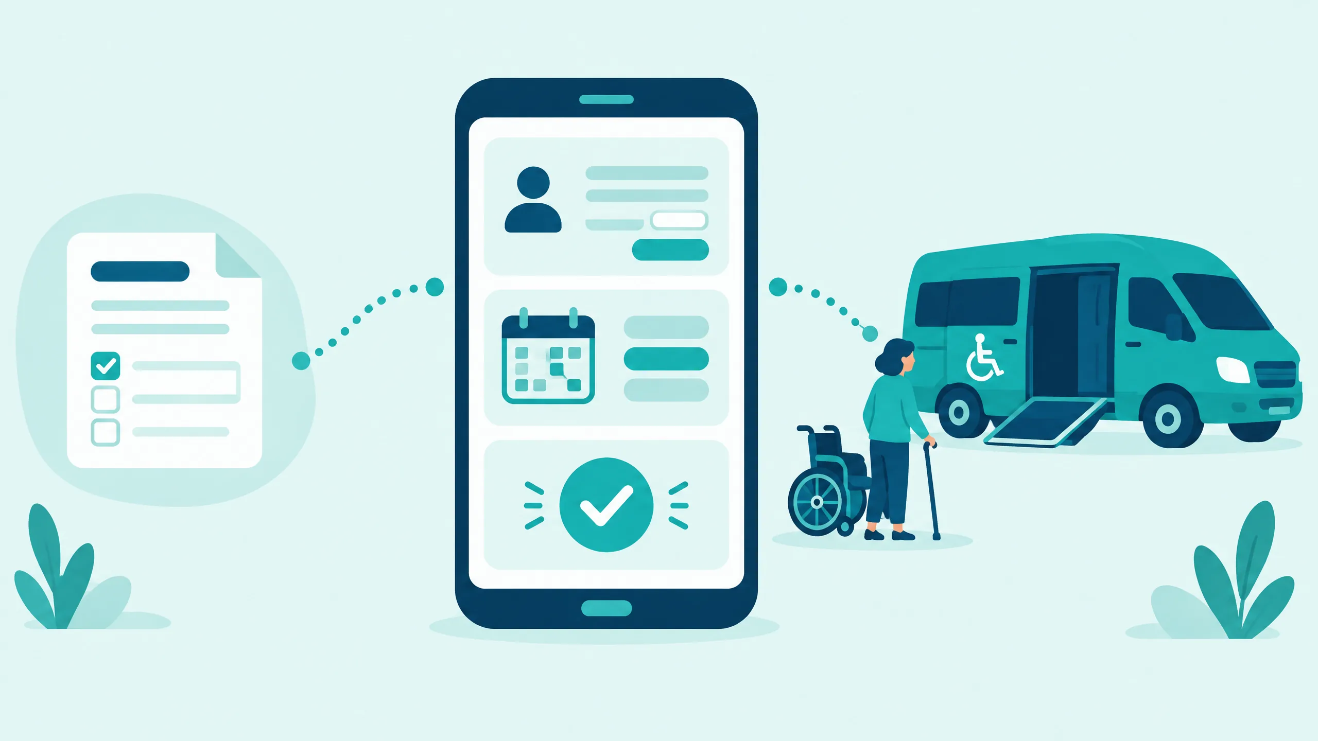 Schematische 2D-Darstellung: Smartphone mit Formular, Kalender und Häkchen, links ein Transportschein, rechts ein barrierefreier Krankentransportwagen mit Rampe und Person mit Gehstock.