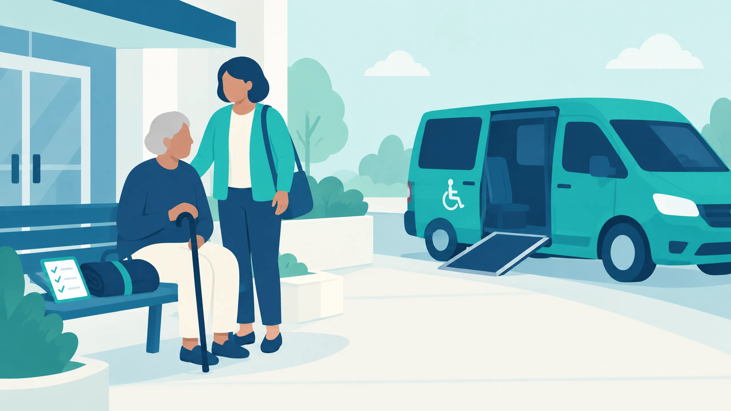 Schematische 2D-Darstellung vor einer Klinik: ältere Person mit Gehstock auf einer Bank, Begleitperson daneben, Checkliste und Decke, rechts ein barrierefreier Teal-Van mit geöffneter Rampe.