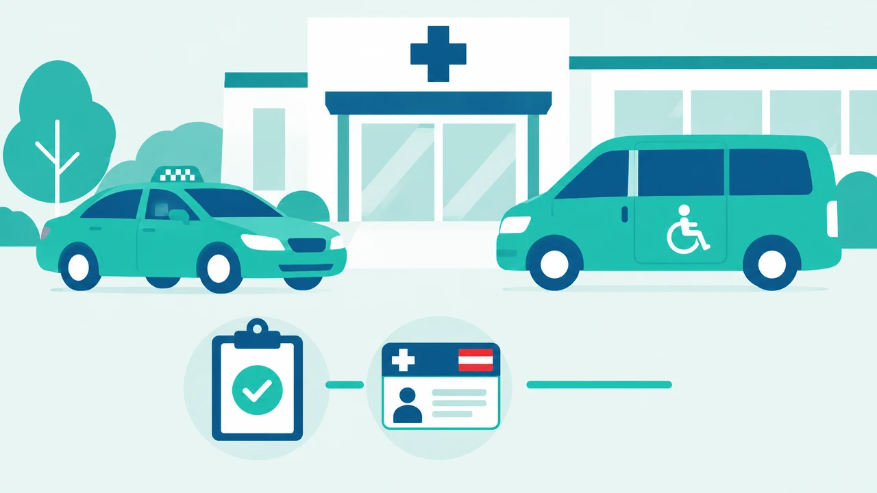 Schematische 2D-Darstellung vor einer Klinik: türkises Taxi und barrierefreier Krankentransportwagen, darunter Klemmbrett mit Häkchen und e-card.