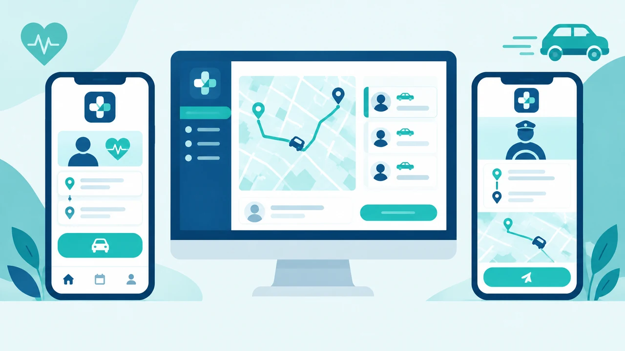 Schematische 2D-Darstellung: Desktop-Disposition mit Karte in der Mitte, links Patienten-App, rechts Fahrer-App, alles in Healthcare Blue und Türkis.