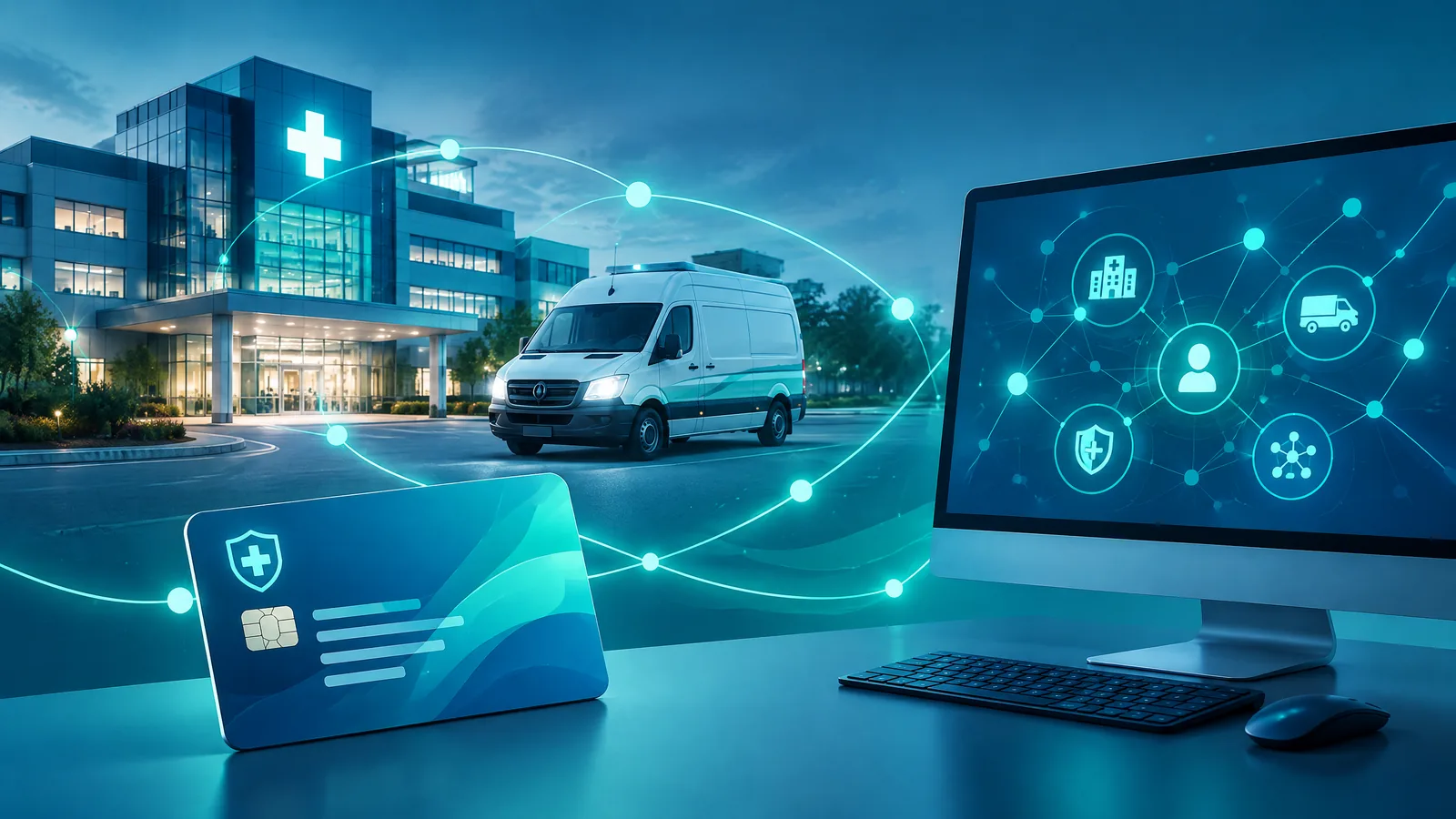 Verbundene Systeme: Klinik, Van, Kasse und abstrakte Datenknoten in Markenfarben.