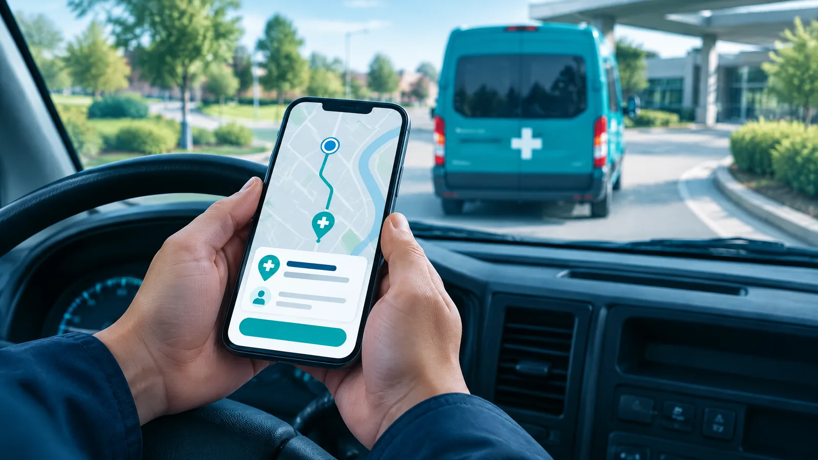 Fahrer-App am Smartphone vor einem türkisen Krankentransportwagen.