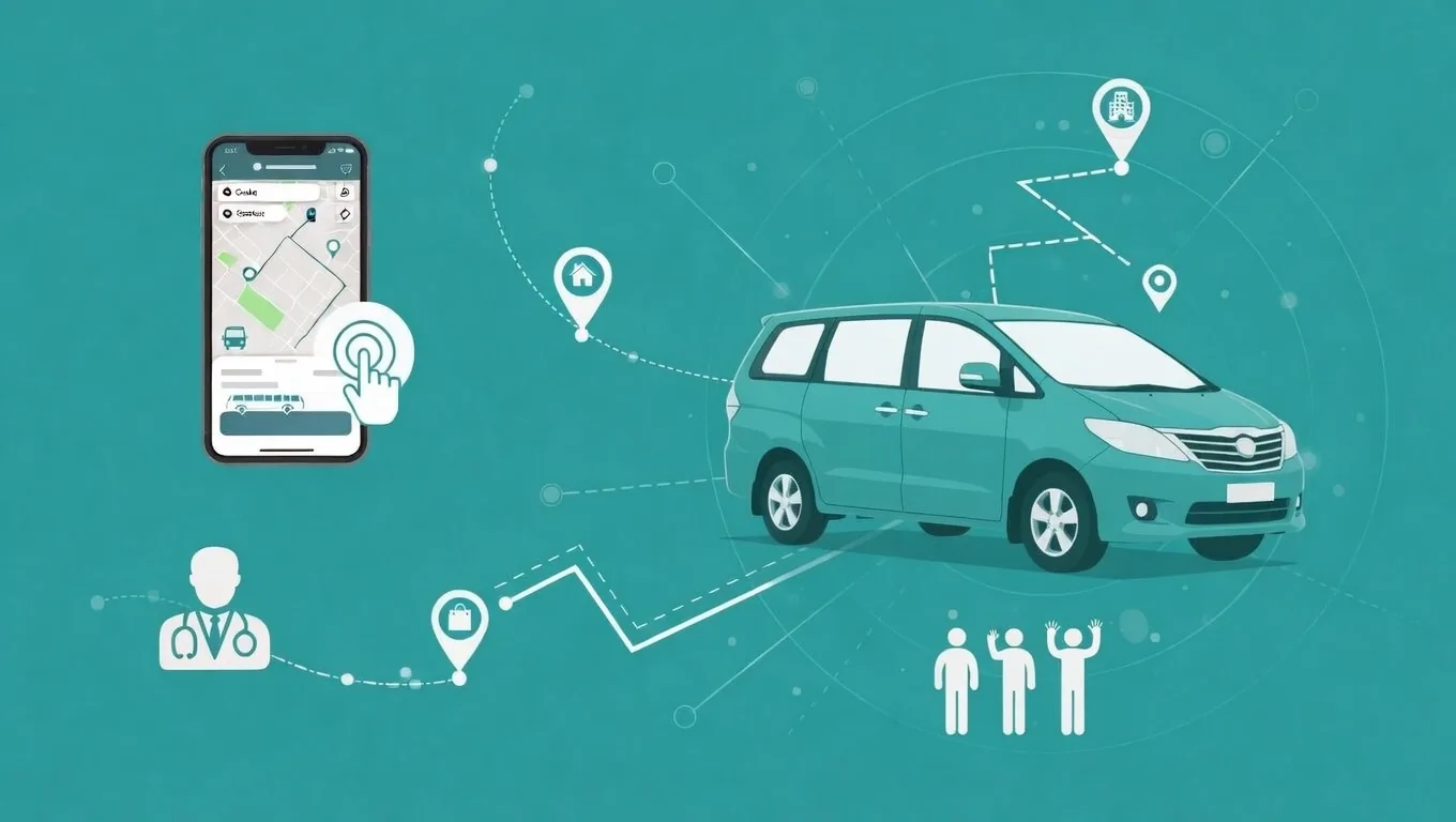 Patiententransport mit Disposition. Türkisfarbenes Shuttle, Smartphone-Karte und Routenpunkte als Hero-Fallback.