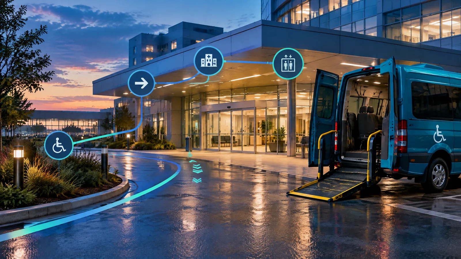 Krankenhauszufahrt mit barrierefreiem Teal-Van in der Abenddämmerung.