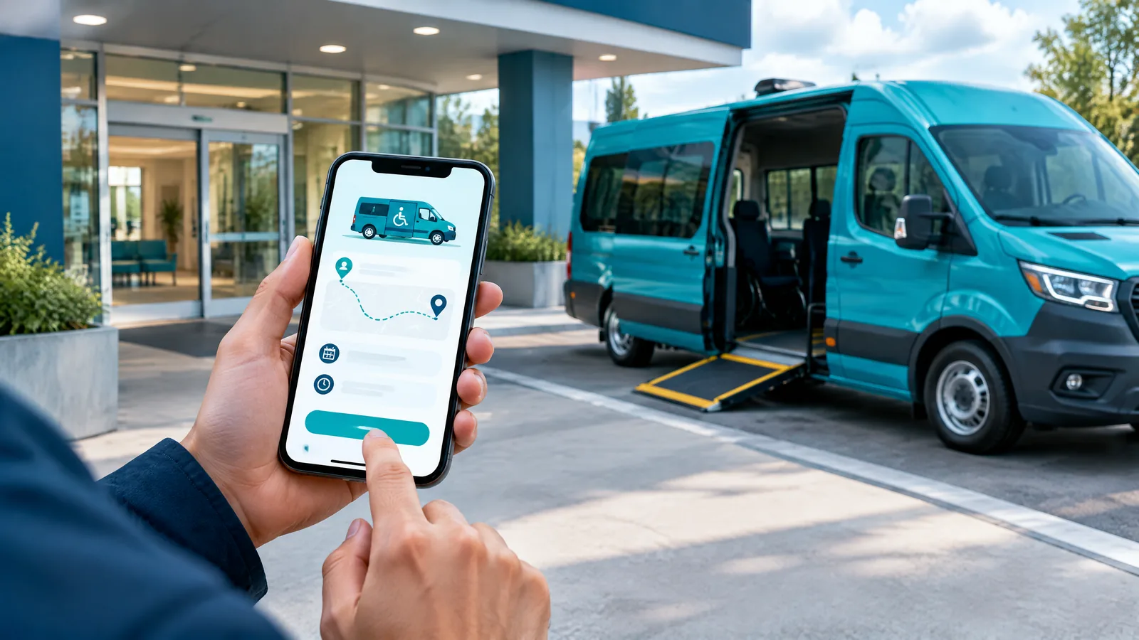 Buchungs-App am Smartphone vor einer Klinik mit wartendem Teal-Van.
