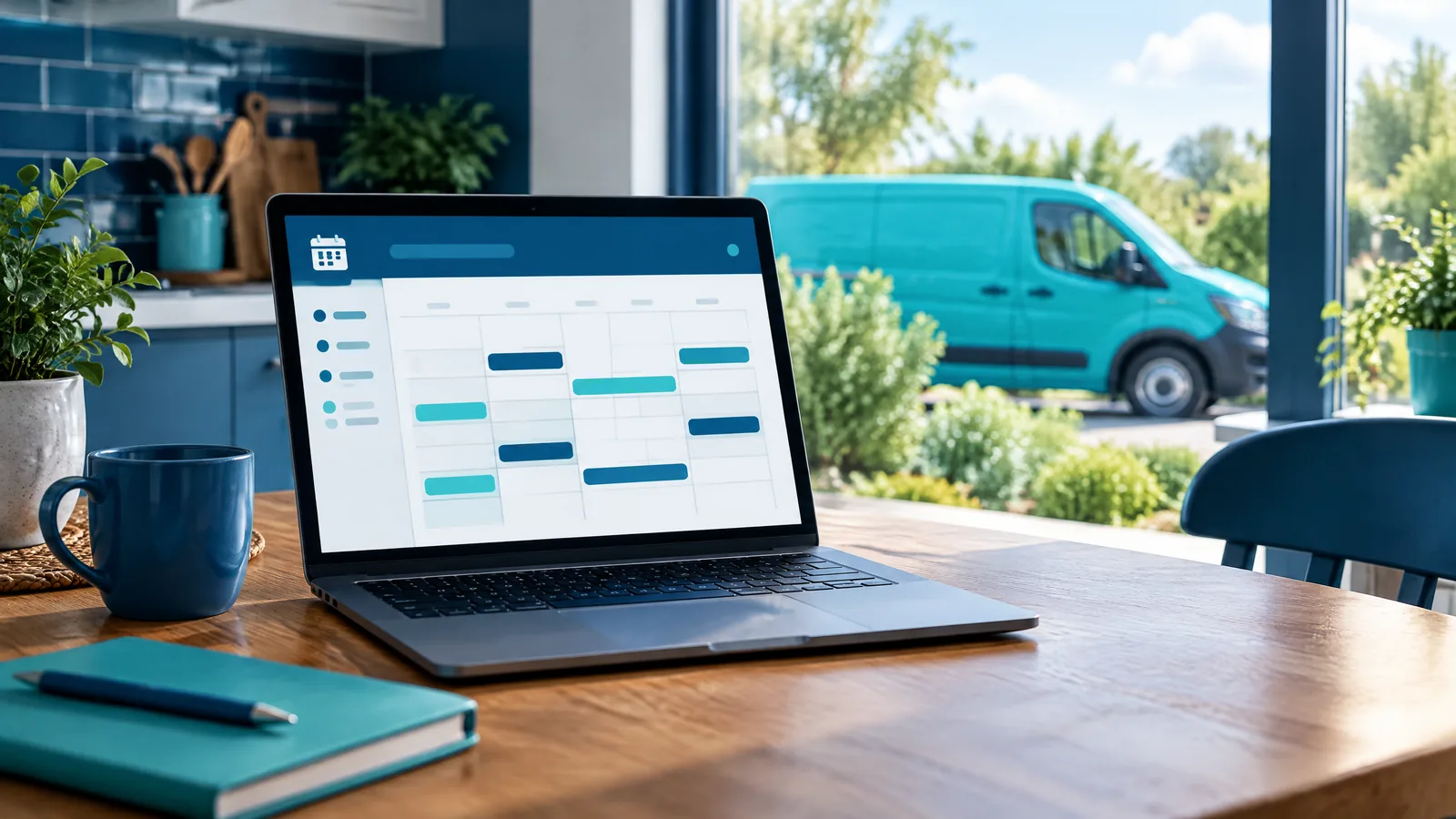 Laptop mit Buchungskalender auf dem Küchentisch, Teal-Van vor dem Fenster.