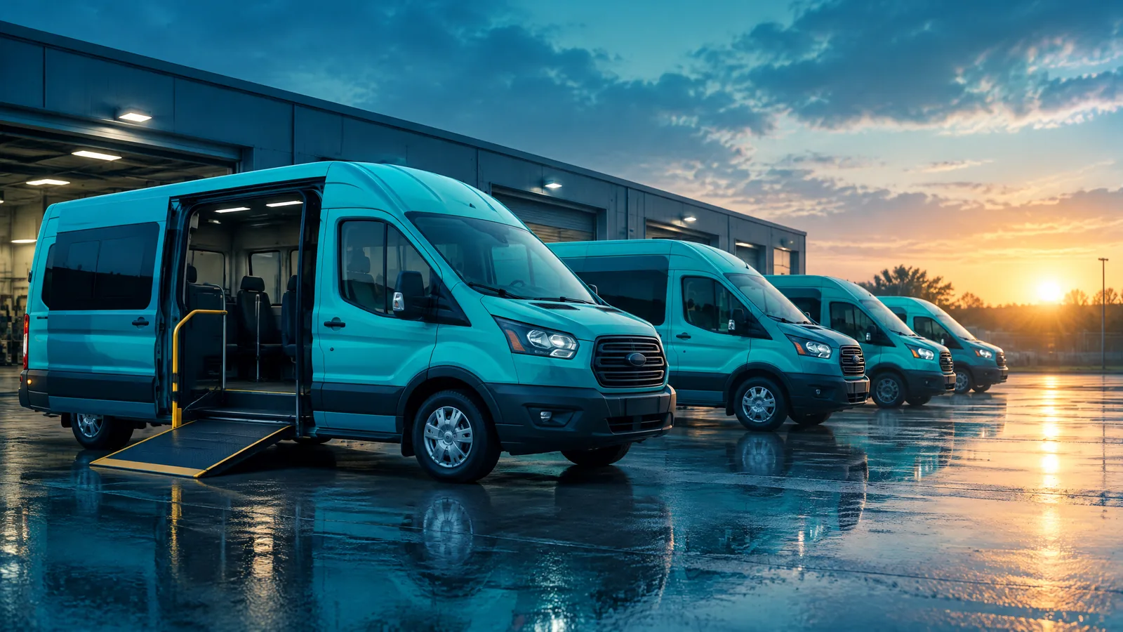 Schematische Darstellung eines Transportdienstes mit Disposition, Touren und Fuhrpark in Healthcare Blue und Mobility Turquoise.