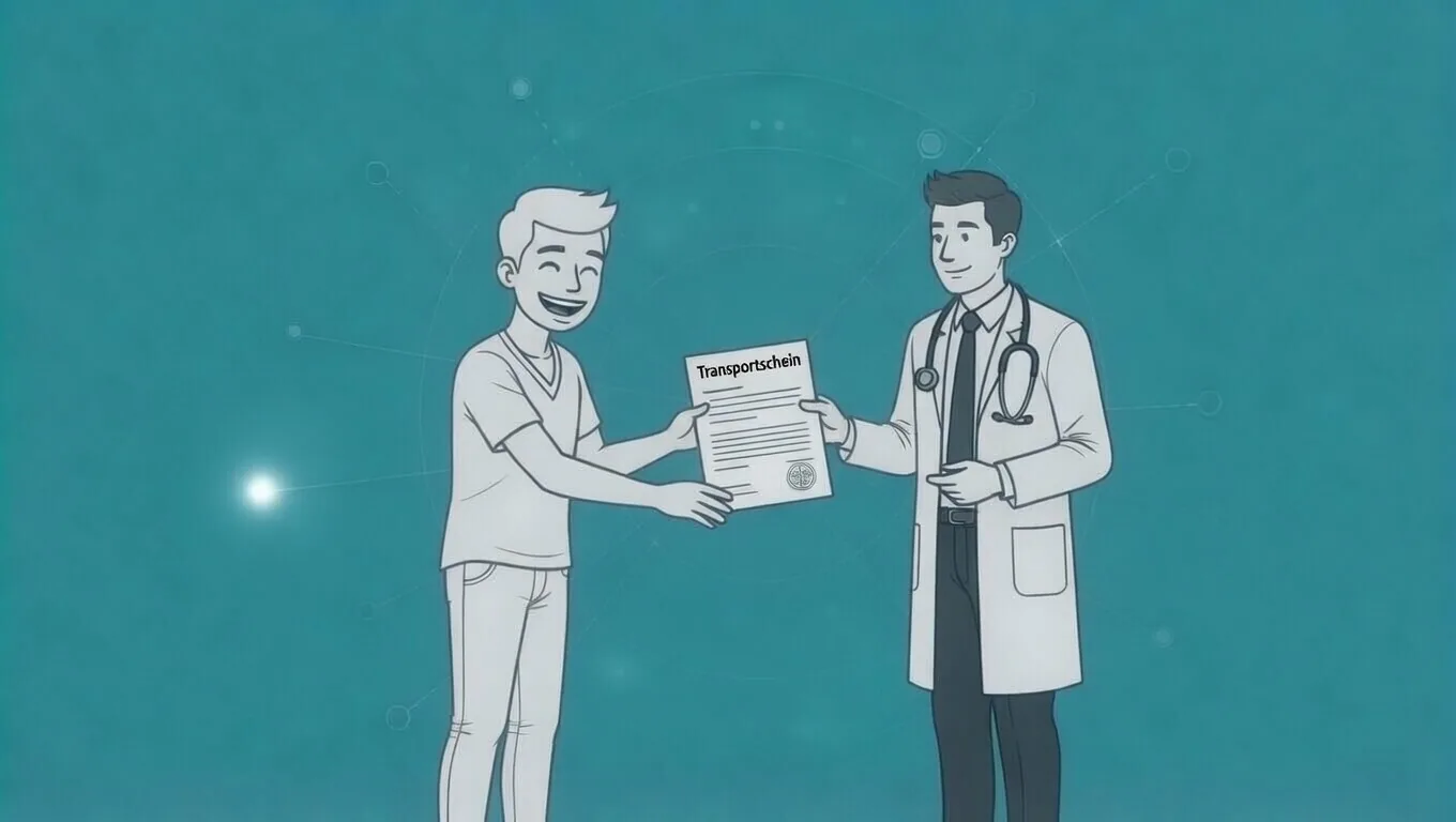Ärztinnen und Ärzte. Arzt übergibt den Transportschein an den Patienten, Line-Art auf türkisem Hintergrund.