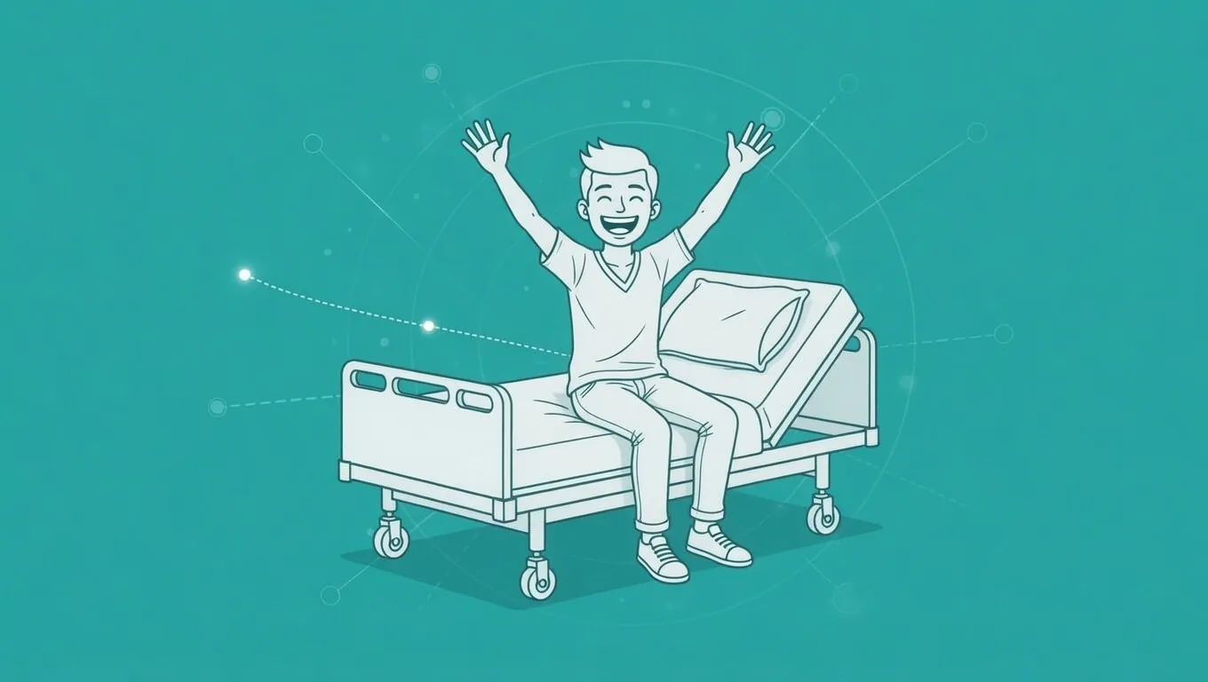 Patientenportal Patientenportal. Freudiger Patient sitzt auf dem Klinikbett, Line-Art auf türkisem Hintergrund.
