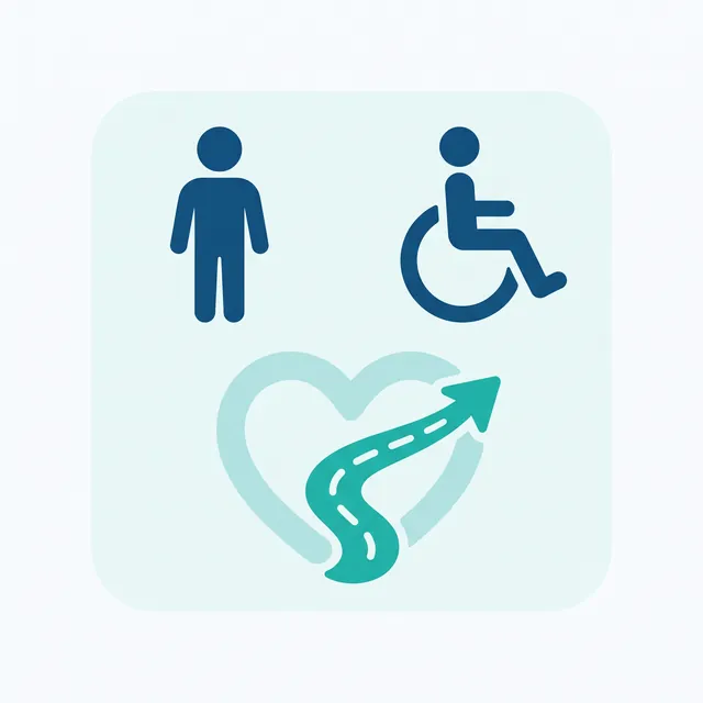 Patienten-Management Patienten-Management. Barrierefreier Zugang und Patiententransport als 2D-Markenillustration.