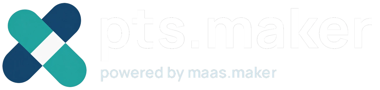 pts.maker Logo. Kreuzende Routen in Healthcare Blue und Mobility Turquoise mit Wortmarke pts.maker, powered by maas.maker.
